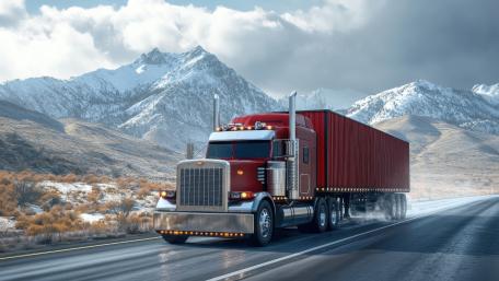 Red Semi Truck Hauling Freight Through Snowy Mountain Highway wallpaper