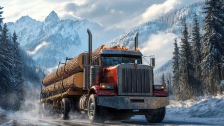 Timber Hauler Charging Through Winter Mountain Pass wallpaper