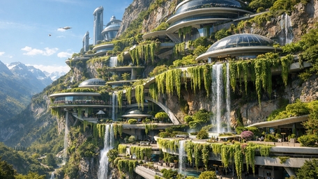 Hanging Gardens Megacity on Mountain Cliffs in a Distant Tomorrow wallpaper