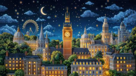 Crescent Moon Over Enchanted London Cityscape with Glowing Big Ben wallpaper