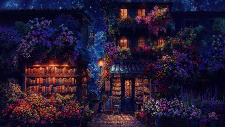 Moonlit Flower Shop Library in Cozy Anime Night Glow wallpaper