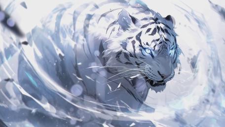 Glacial Guardian White Tiger with Radiant Eyes in Anime Style wallpaper
