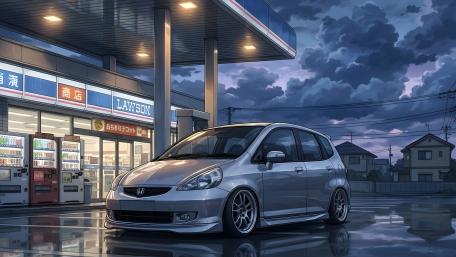 Midnight Gas Station Stop with Honda Fit GD3 Anime Glow wallpaper