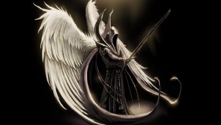 Fallen Angel Warrior Poised Between Light and Shadow wallpaper