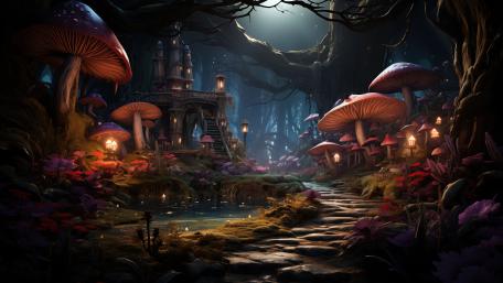 Moonlit Mushroom Village in a Enchanted Fairy Tale Forest wallpaper