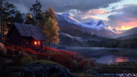 Twilight Cabin Glow on Enchanted Lake Under Snowy Mountain Peaks wallpaper