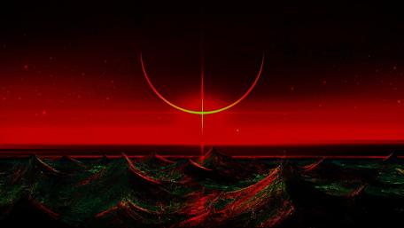 Crimson Crescent Horizon Over Abstract Cosmic Sea wallpaper
