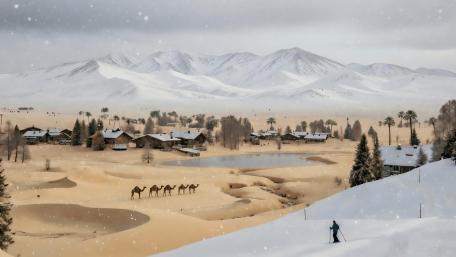 Snowbound Desert Caravan and Lone Skier in Fantasy Highlands wallpaper
