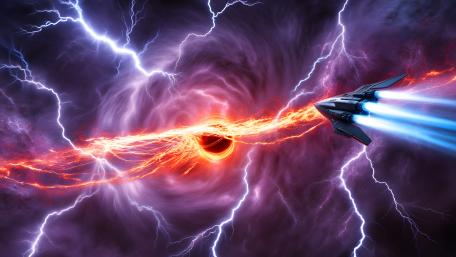Starship Racing a Lightning Tornado Around a Fiery Black Hole wallpaper