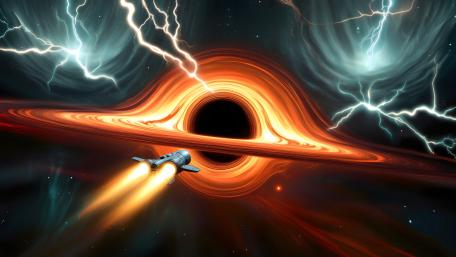 Starship Racing the Event Horizon Through a Stormlit Accretion Ring wallpaper