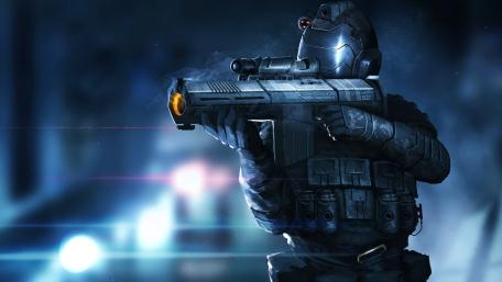 Armored Sci Fi Warrior Aiming Plasma Rifle in Neon Haze wallpaper