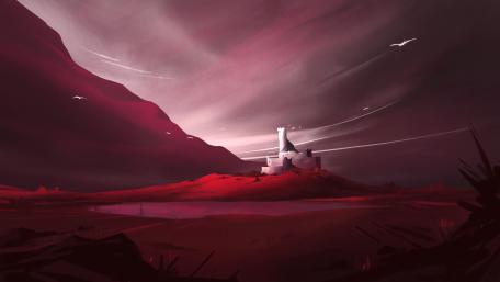 Crimson Dusk Over the Lonely Fantasy Castle in 4K wallpaper