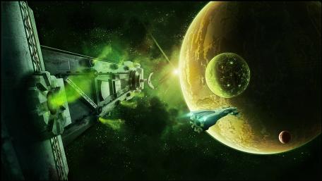 Emerald Nebula Rendezvous Near a Golden World wallpaper