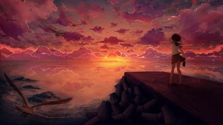 Solitary Girl Watching a Burning Anime Sunset Over Endless Sea wallpaper