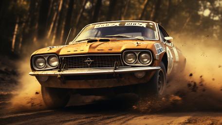 Vintage Rally Car Charging Through Forest Dust at 5k Speed wallpaper