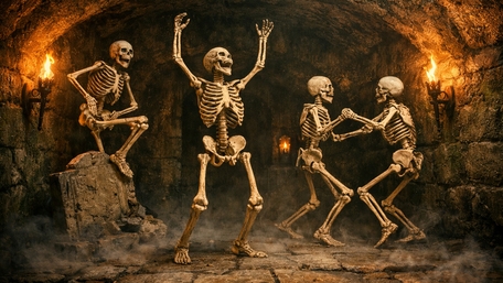 Torchlit Crypt Revelry of Dancing Skeletons in Ancient Stone Chamber wallpaper