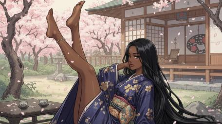Serene Sakura Courtyard Dream with Long Haired Kimono Muse wallpaper