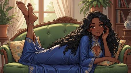 Sunlit Sofa Serenity with Long Haired Anime Beauty wallpaper