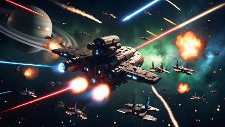 Star Cruiser Leading a Fiery Battlefront Across the Deep Universe wallpaper