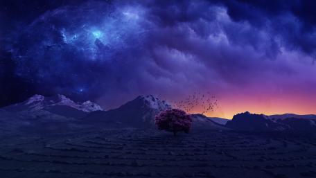 Enchanted Lone Tree Beneath Stormy Dusk Skies wallpaper