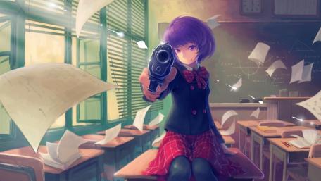 Purple Haired Schoolgirl Aiming Weapon in Windy Classroom Scene wallpaper