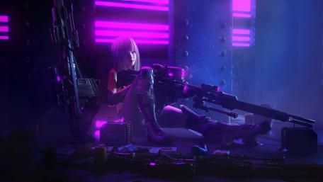 Neon Dusk Sentinel Cyberpunk Warrior in a Futuristic Hideout wallpaper