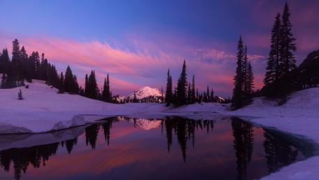 Purple Twilight Reflection at Tipsoo Lake in Mount Rainier Winter wallpaper
