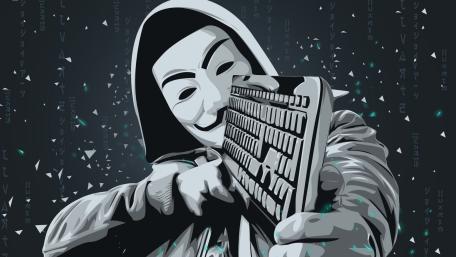 Monochrome Anonymous Hacker Holding Keyboard in Digital Rain wallpaper