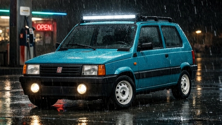 Rainy Night Retro Fiat Panda at Neon Gas Station wallpaper