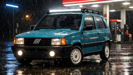 Rainy Night Pit Stop with Vintage Fiat Panda at a Neon Gas Station wallpaper