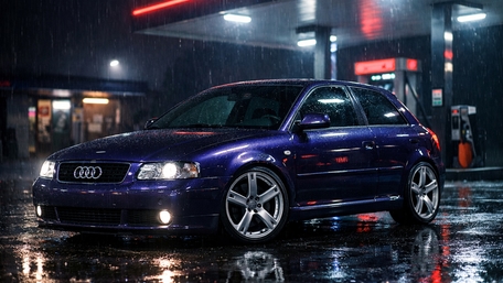 Rainy Night Reflections at a Neon Lit Gas Station wallpaper