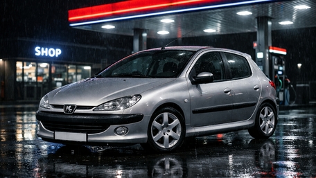 Rainy Night Fuel Stop With Silver Peugeot Hatchback Reflections wallpaper