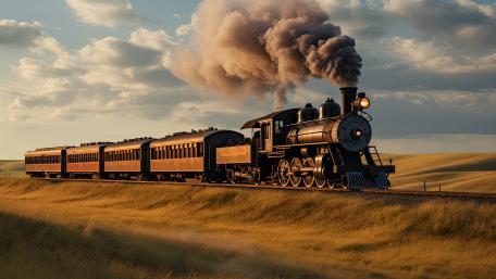 Golden Hour Steam Locomotive Crossing Open Prairie Rails wallpaper