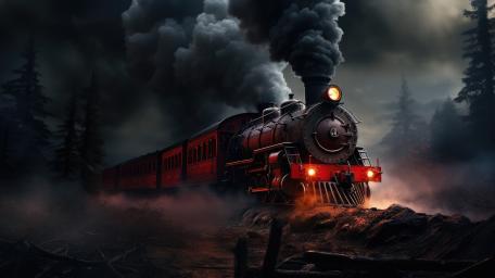 Midnight Steam Locomotive Charging Through Misty Forest Rails wallpaper