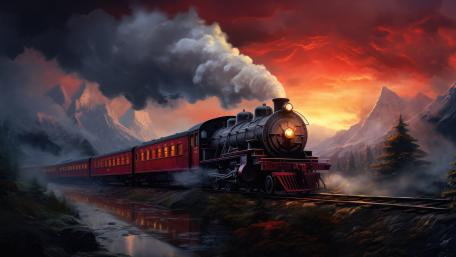 Crimson Dusk Steam Locomotive Racing Through Mountain Pass wallpaper