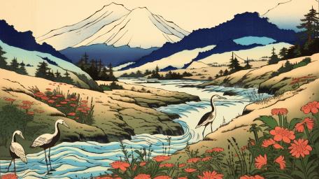 Whispering River Under Snowcapped Peaks in Japanese Fantasy Style wallpaper