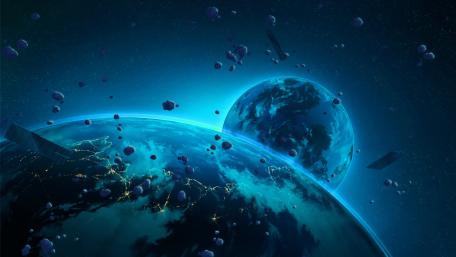 Twin Azure Worlds Drifting Through Starlit Debris Fields wallpaper