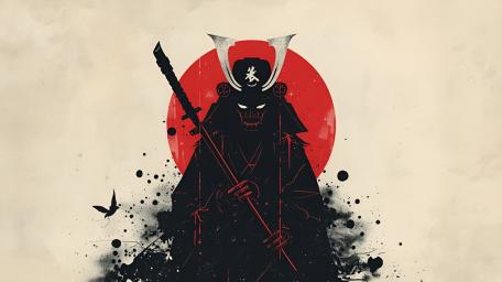 Crimson Sun Samurai Guardian in Minimal Ink Illustration wallpaper