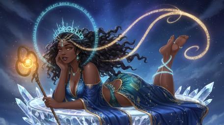 Celestial Sorceress Resting on Crystal Ice Under a Starlit Sky wallpaper