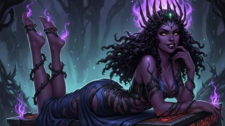 Enchanted Shadow Queen in Violet Flames Anime Fantasy Wallpaper wallpaper