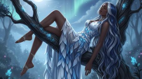 Moonlit Enchanted Forest Dreamer with Flowing Silver Blue Hair wallpaper