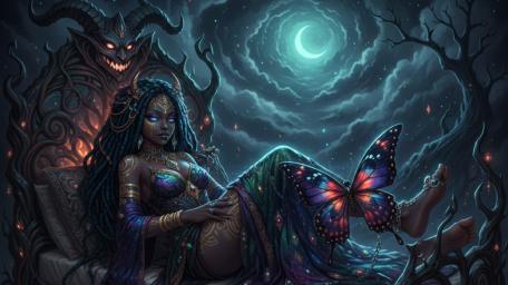 Moonlit Demoness and Butterfly Enchantment in a Haunted Forest wallpaper
