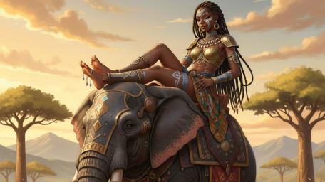 Savanna Warrior Princess Riding Armored Elephant at Golden Sunset wallpaper