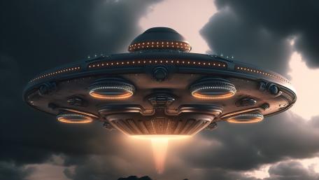 Stormlit Saucer Hovering Above the Mountains in Cinematic 4K wallpaper