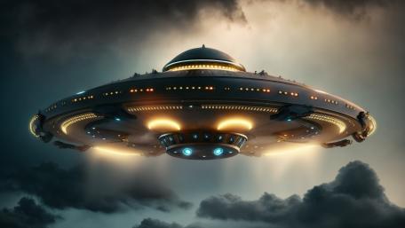 Luminous Skyship Drifting Through Stormlit Clouds wallpaper