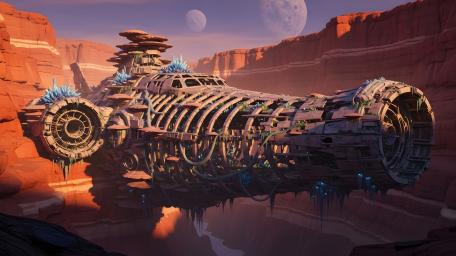 Derelict Starship Oasis Suspended Above Crimson Alien Canyon wallpaper