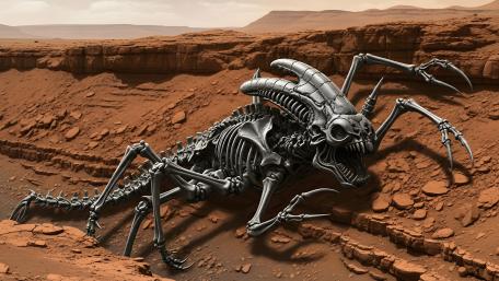 Wasteland Titan Alien Skeleton Crawling Through Red Desert Ravines wallpaper