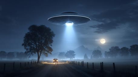 Moonlit Dirt Road Under a Silent UFO Beam wallpaper