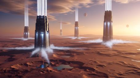 Skyward Beacons Over the Red Frontier in Cinematic 5K wallpaper