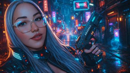 Silver Haired Cyberpunk Guardian in Neon Rainy City wallpaper
